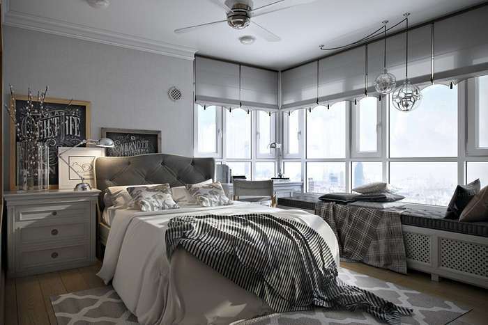Спальня с белыми окнами углом